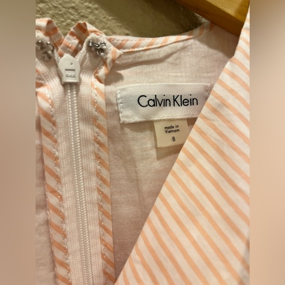 Calvin Klein NWT - Pink/White Striped Ruffle Neck Wrap Dress with Waist Tie - Picture 2 of 5